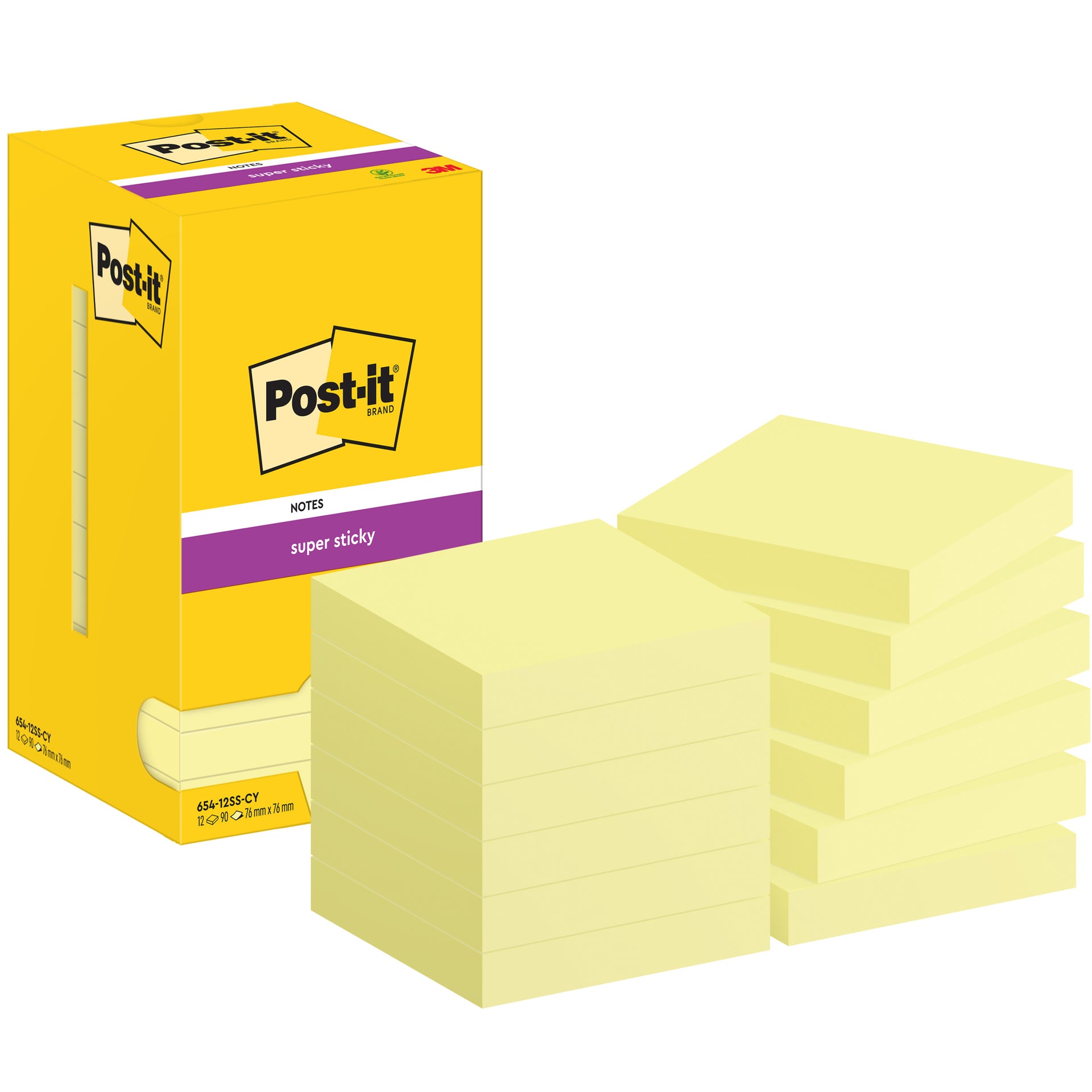 Post-it -  Memoblok  654 super sticky 76x76mm geel | 12 stuks