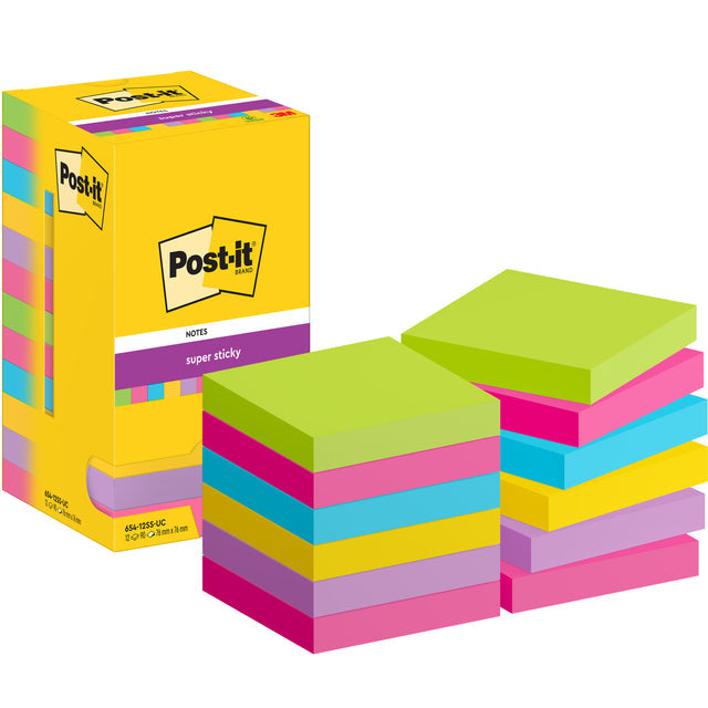 Post-it-post-it super klebrige Notizen, 90 Vel, ft 76 x 76 mm, Assorti, Packung mit 12 Blöcken