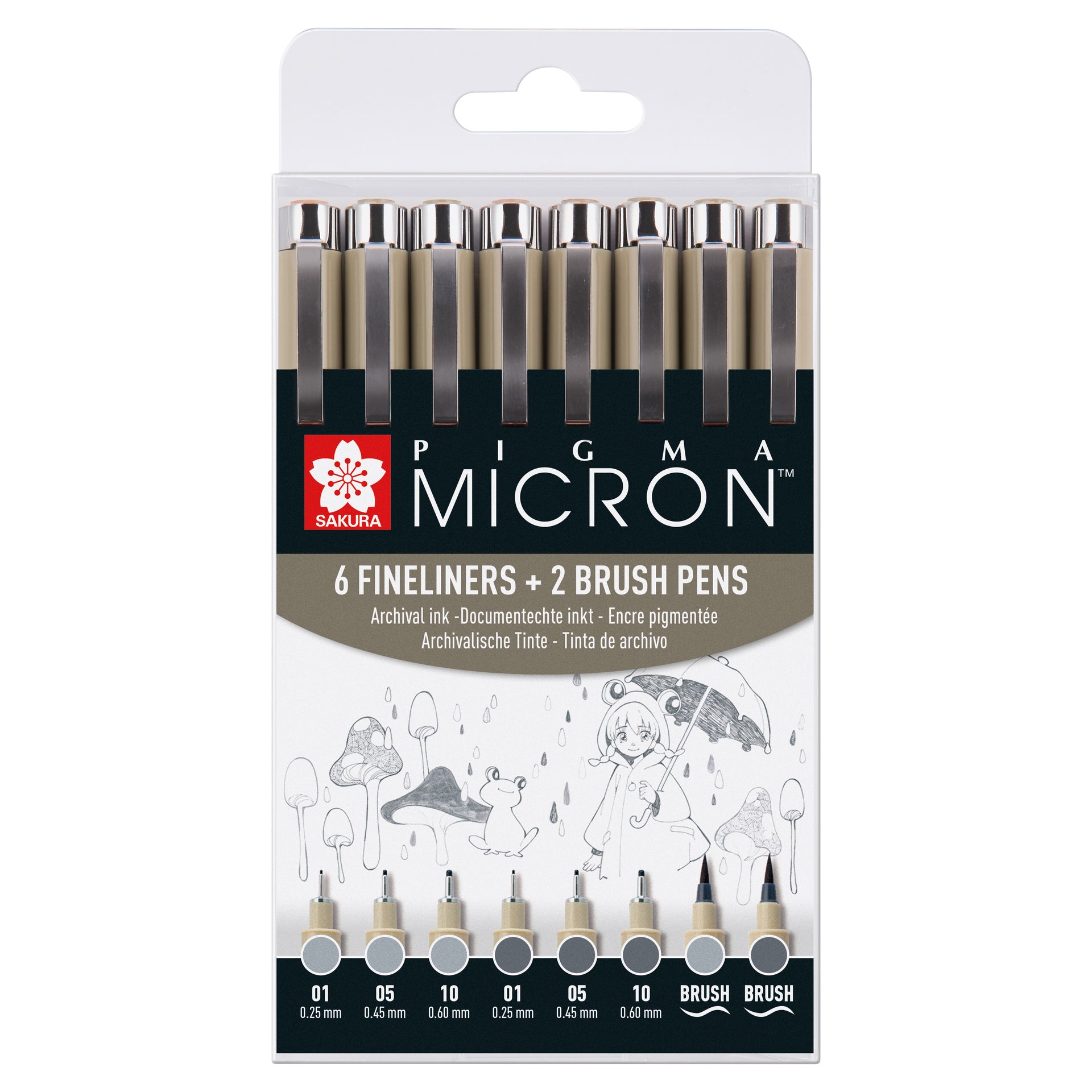 Sakura -  Fineliner pm 6 breedtes en 2 brushpen grijs | 6 stuks