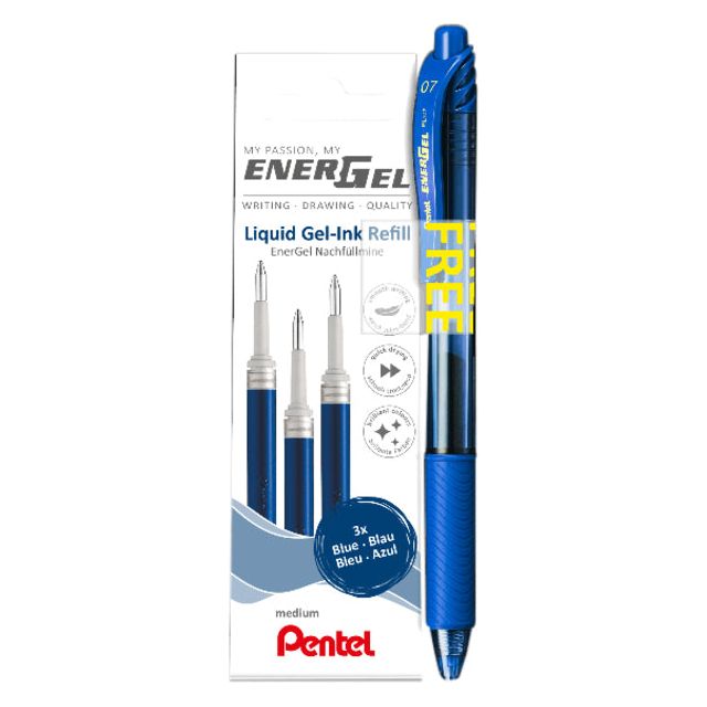 Pentel - vulling Energel, 0,7 mm, blauw, 3 stuks + roller (GRATIS)