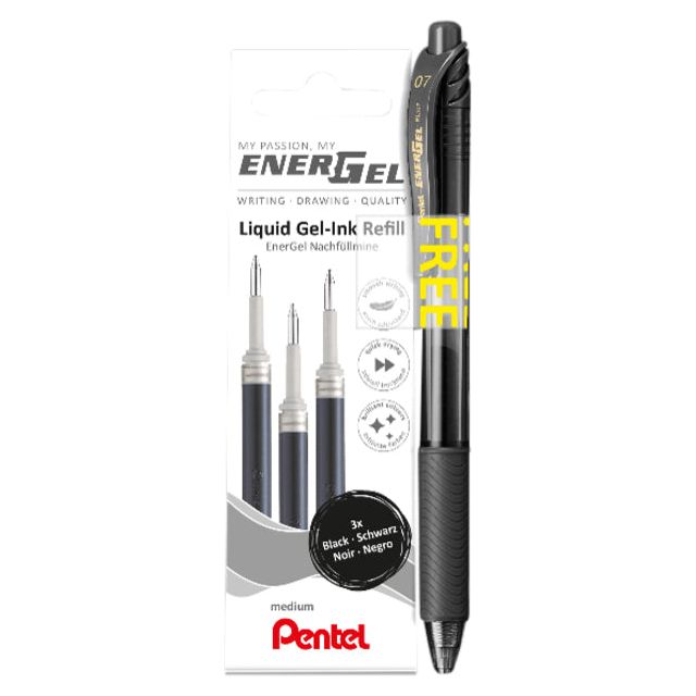 Pentel - vulling Energel, 0,7 mm, zwart, 3 stuks + roller (GRATIS)