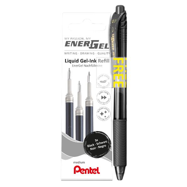 Pentel - Recharge pour graveur gel LR7 Energel avec stylo gel offert moyen noir blister de 3 pièces