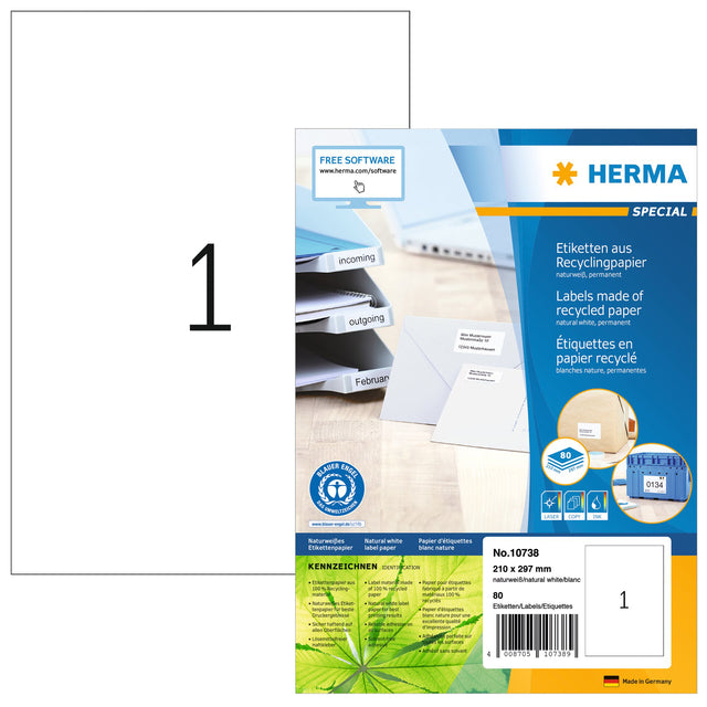 HERMA - Recyclingetikett 10738 210x297mm 80 Stück weiß