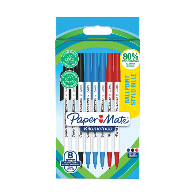 Paper Mate - Ballpar Kilometrico, moyen, cloque de 8 pièces, assorti