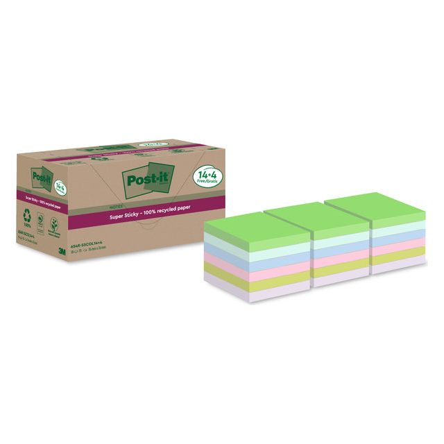 Post -it - Super Sticky Notes recycelt, 70 Vel, ft 76 x 76 mm, assorti, 14 + 4 kostenlos