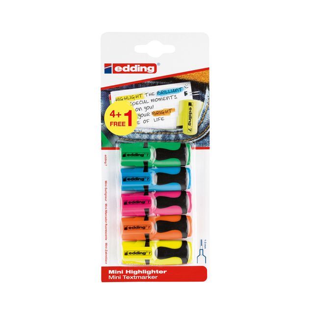Edding - Textmarker 7 Mini 1-3 mm, sortiert, 4er-Blister + 1 Stück gratis
