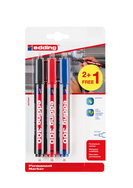 Edding - Feutre 300 ronds 1,5-3mm assortis blister de 2+1 offert