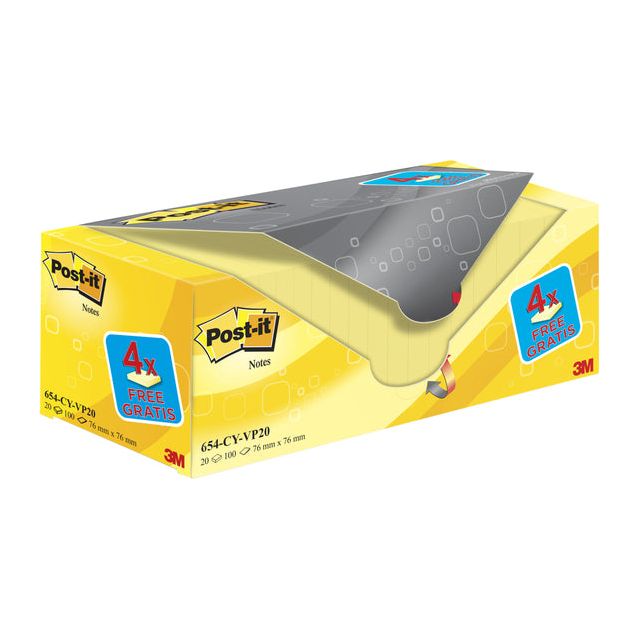 Post -it - Notizen, 100 Blätter, ft 76 x 76 mm, Gelb, Packung von 16 Blöcken + 4 kostenlos