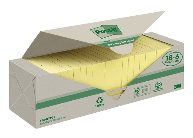 Post-it - Bloc-notes 3m 654 76x76mm recyclé jaune 18+6 | 6 pièces