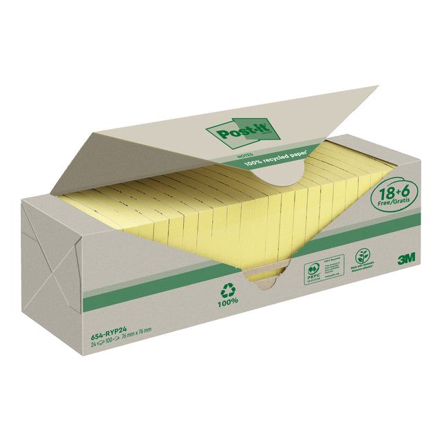 Post-it - Memoblok 3m post-it 654 76x76mm recycle geel 18+6 | 6 stuks