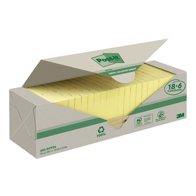 Post-it - Bloc-notes 3m 654 76x76mm recyclé jaune 18+6 | 6 pièces