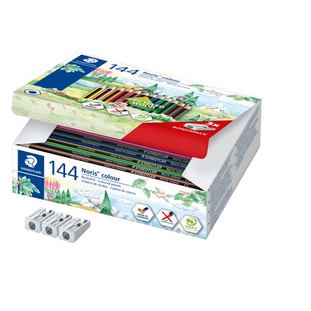 Staedtler - Buntstifte der Noris-Klasse, Packung mit 144 Stück, 12 Farben + 3 Bleistiftspitzer gratis