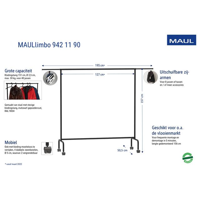 Maul - Rack de vêtements Métal de limbes, 4 roues freinées, HG156XBR151 (220) x50cm, jusqu'à 30 kg, Black Ral9004