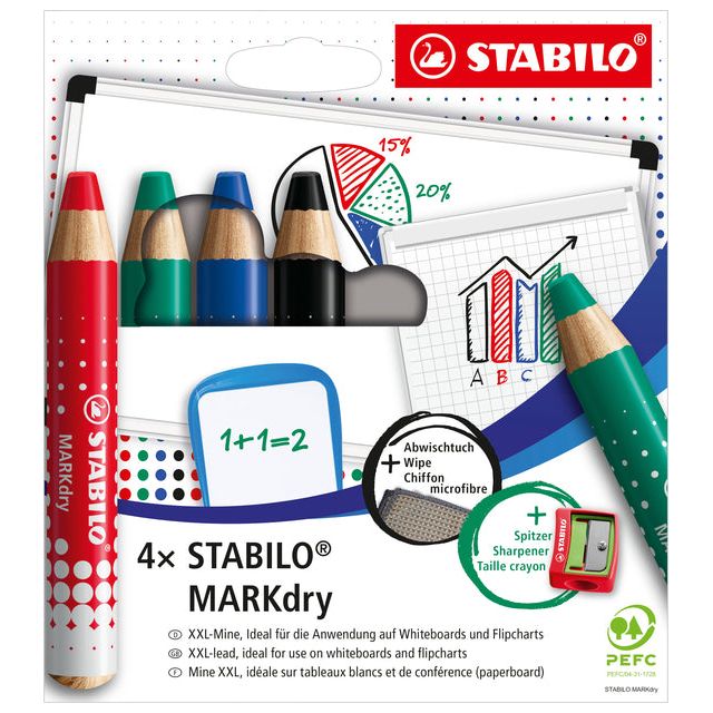 Stabilo - Crayon Markdry pour tableaux blancs, penny de 4 pièces dans des couleurs assorties