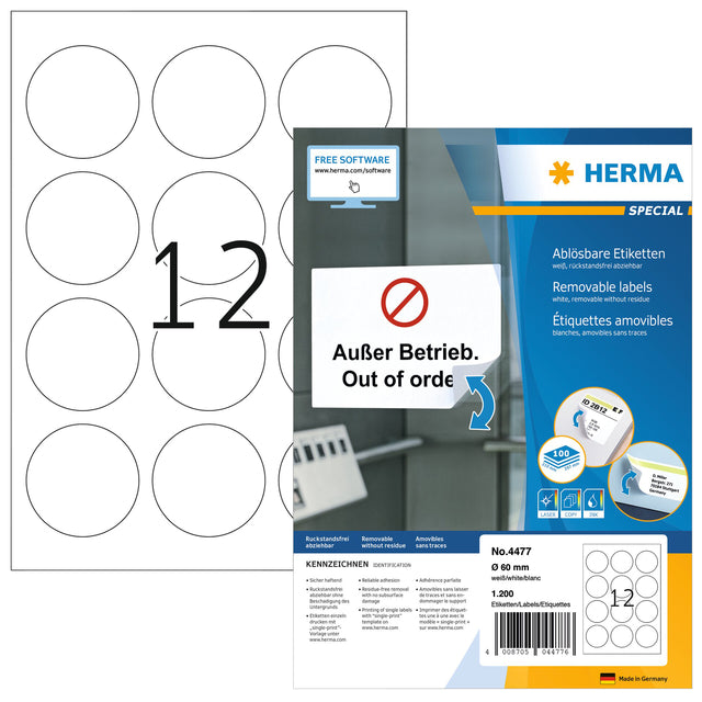 HERMA -  Etiket 4477 60mm verwijderbaar wit 1200 etiketten