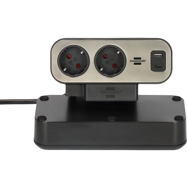 Brennerstuhl - Estilo Tischsteckdose 10-fach inklusive 1 USB C, 1 USB A, 2 Meter silber/schwarz