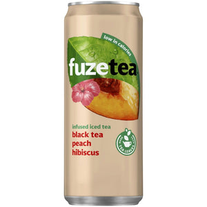 Fuze Tea - boisson gazeuse, plate, élégante canette 33 cl, pack de 24, pêche hibiscus