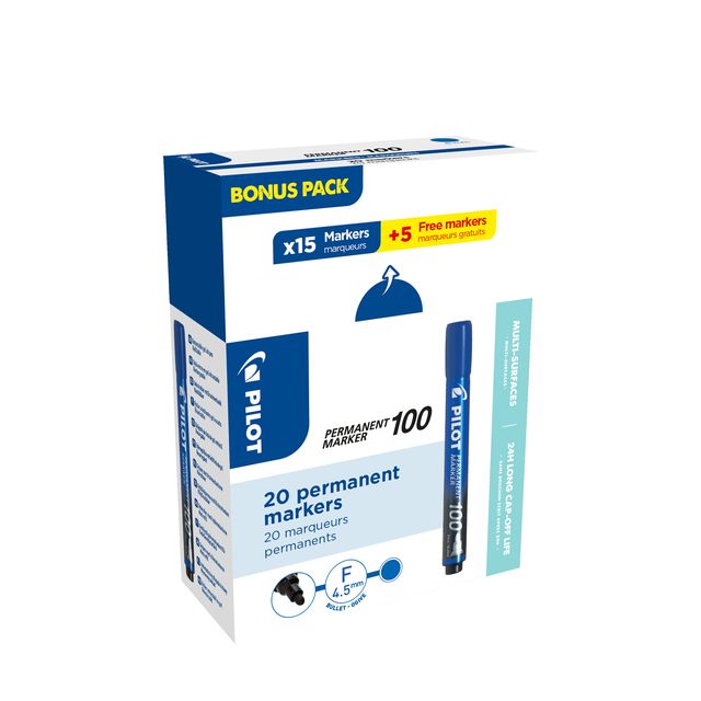 Pilot - Feutre 100 ronds fins bleu boîte de 15+5 offerte