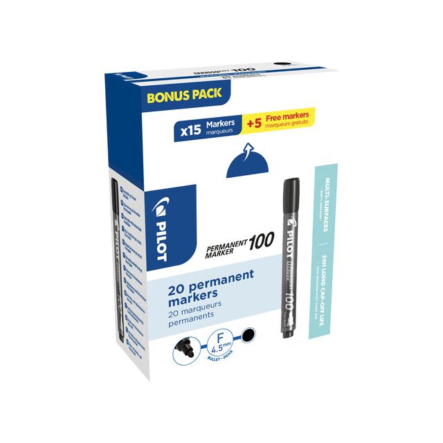 Pilot - permanent marker 100, XXL doos met 15 + 5 stuks, zwart