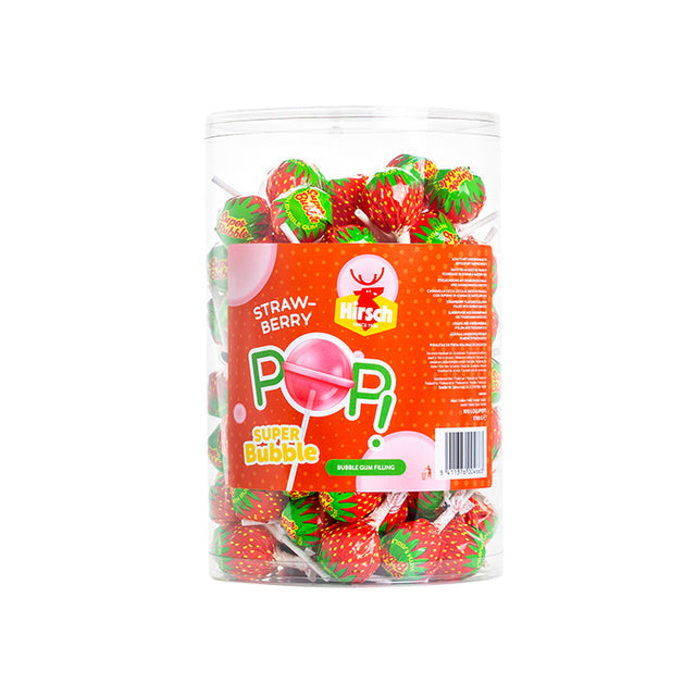 Hirsch - Hirsch Super Bubble Lolly Strawberry, 100 stuks, pot van 1,7 kg