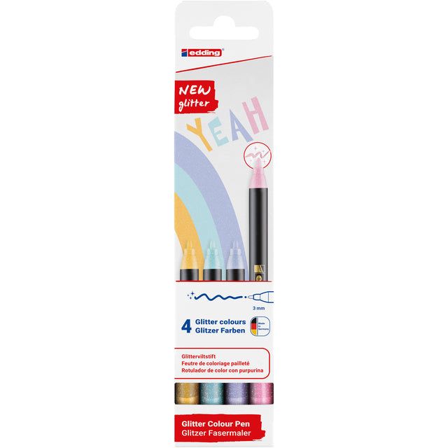 Edding - Glitter Felt -Tip Stop E -1200, Assorti Pastel, ensemble de 4 pièces