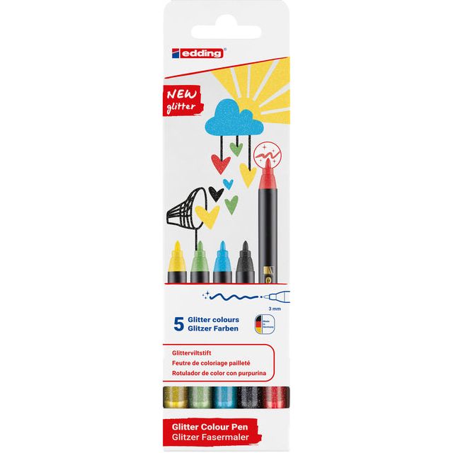 Edding - Glitter Felt -Tip Stop E -1200, Assorti, ensemble de 5 pièces