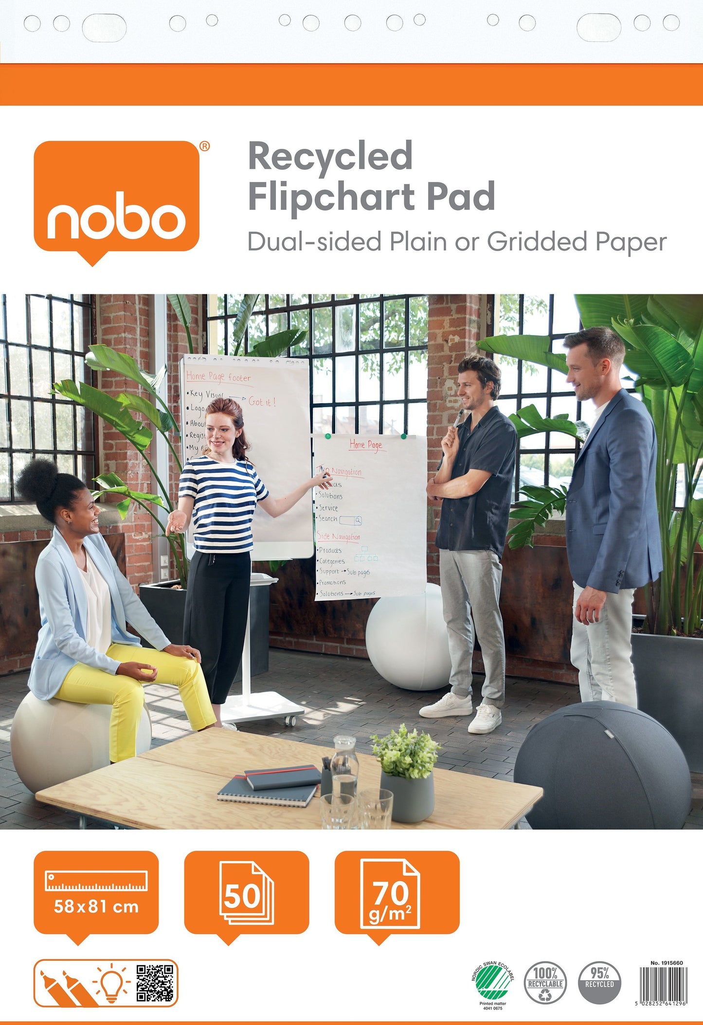 Nobo – Flipchart-Papier, recycelt, 58 x 81 cm, doppelseitig, blanko, 50 Blatt