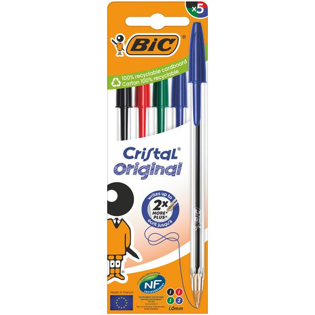 BIC - stylo à bille Cristal, moyen, ampoule de 5 pièces: noir, rouge, vert et 2 x bleu