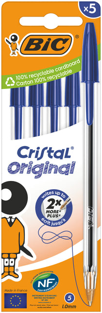 Bic - Stylo bille Cristal moyen bleu blister de 5 pièces