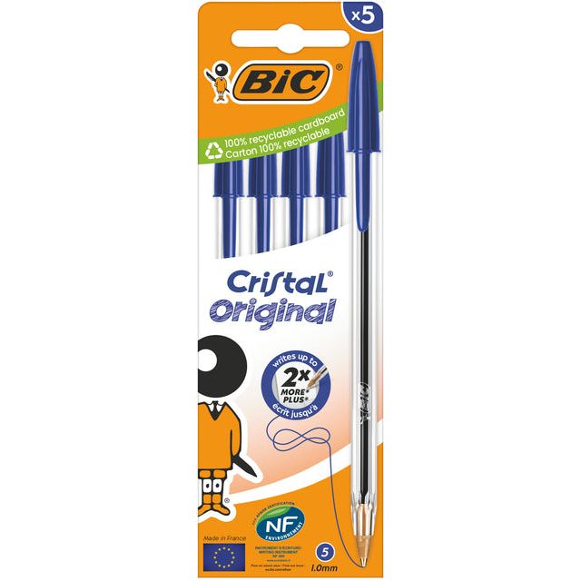 BIC - Cristal Ballpen Medium, bleu, cloque de 5 pièces