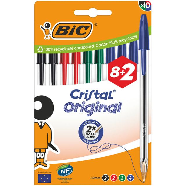 BIC - stylo à bille Cristal, médium, assorti, ampoule de 8 + 2 gratuit