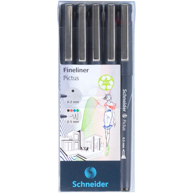 Schneider - fineliner Pictus, etui van 5 stuks, assorti