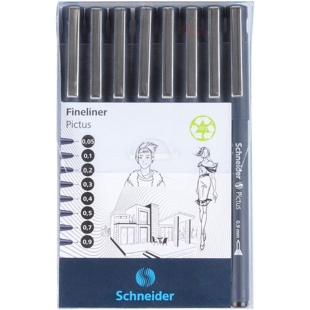 Schneider - Fineliner pictus, Endui von 8 Teilen, schwarz