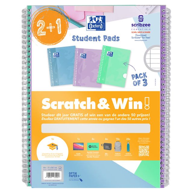 Oxford - School collegeblok, ft A4+, gelijnd, 23-gaats, 80 vel, pastel assorti, 2+1 gratis, Scratch Win