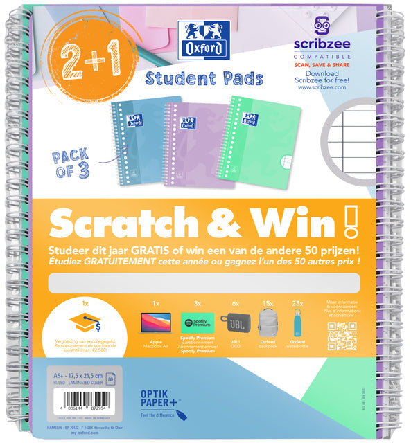 Oxford - School collegeblok, ft A5+, gelijnd, 17-gaats, 80 vel, pastel assorti, 2+1 gratis, Scratch Win