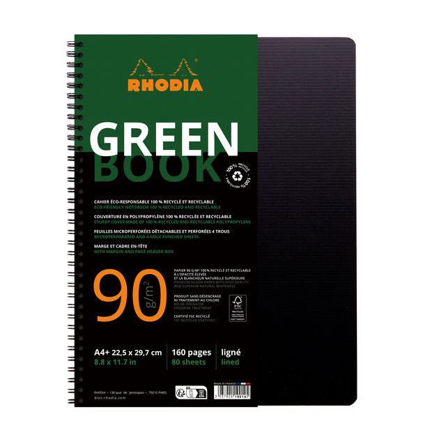 Rhodia - Carnet Greenbook A4+ ligne 4 trous 180 pages 90gr noir