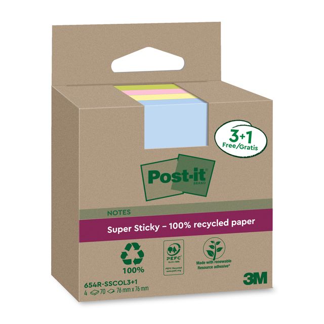 Post-it - Bloc mémo 3m 654 rsscol 76x76mm ass. classe 3+1 | 8 pièces