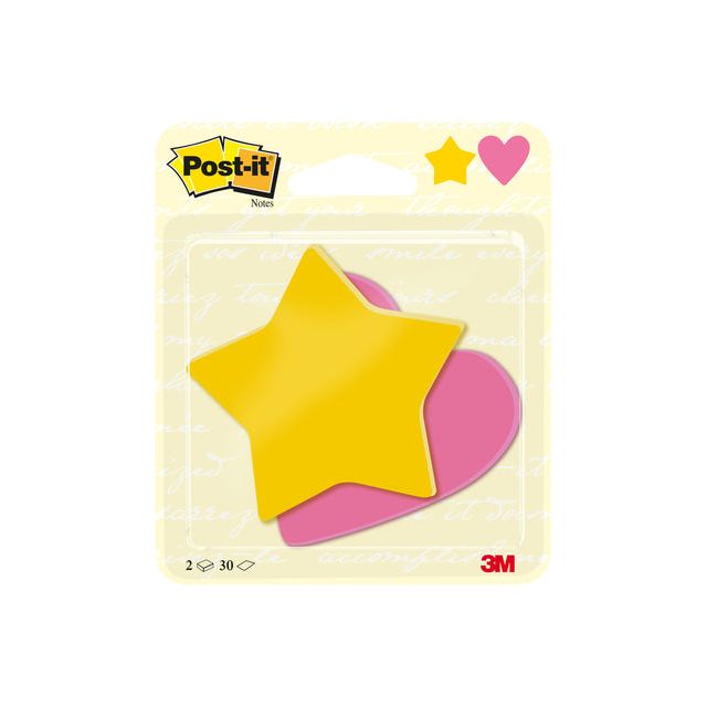 Post -it - Notes, 2 x 30 feuilles, ft 70 x 72 mm, étoile ultra jaune, coeur Power rose