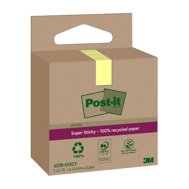 Post -it - Super Sticky Notes recycelt, 70 Blatt, ft 47,6 x 47,6 mm, Gelb, Packung mit 3 Blöcken