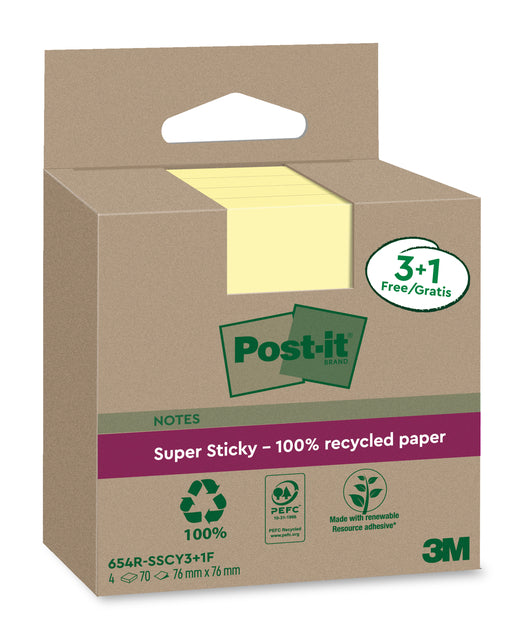Post-it - Bloc-notes 3m 654 rsscol 76x76mm jaune 3+1 | 8 pièces