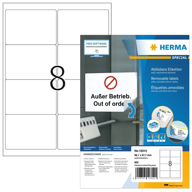 HERMA – Etikett 10312 99,1 x 67,7 mm, ablösbar, weiß, 800 Etiketten
