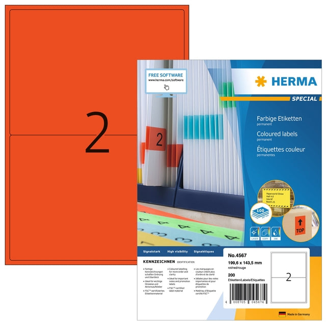 HERMA - Etiket herma 4567 199.5x143.5mm rood 200 etiketten