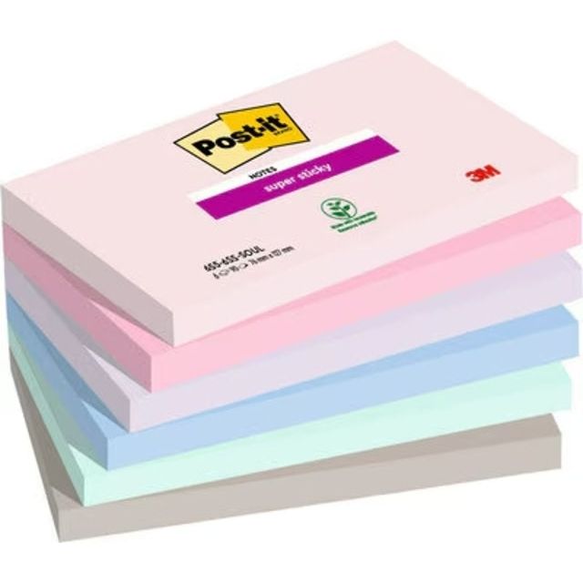 Post-it - Super Sticky notes Soulful, 90 vel, ft 76 x 127 mm, geassorteerde kleuren, pak van 6 blokken