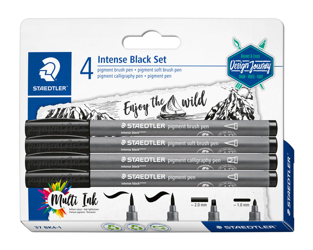 Staedtler -  Brushpen PigmentArts Intens zwart set à 4 schrijfbreedtes