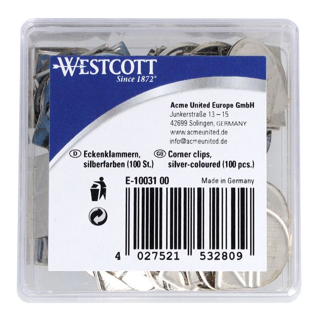 Westcott - Eckklammern aus Aluminium, silberfarben, Box mit 100 Stück