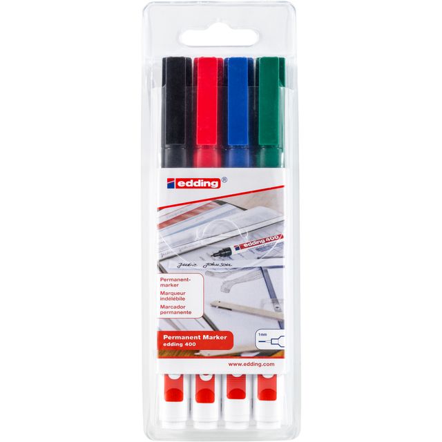 Edding - Permanentmarker 400, verschiedene Farben, Blister mit 4 Stück