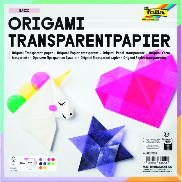 Folia Paper - Origamipapier Folia 20x20cm transparent 42gr 500 Blatt in 10 Farben