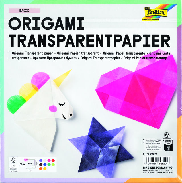 Folia Paper - Papier origami Folia 20x20cm transparent 42gr 500 feuilles en 10 couleurs