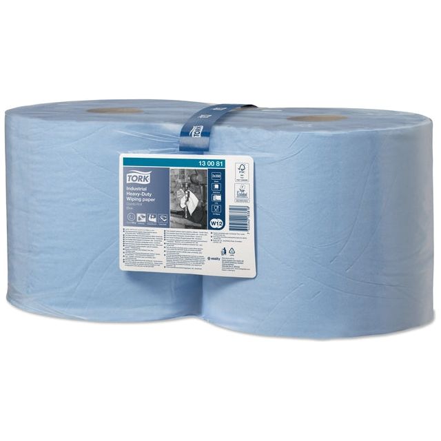 Tork - Industrial Heavy Duty poetspapier rol, 3-laags, systeem W1/W2, blauw, pak van 2 rollen