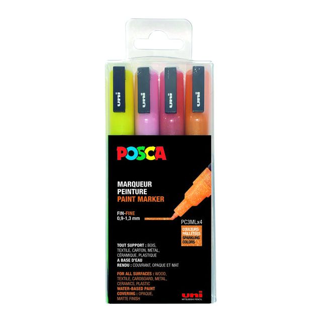 Posca - Paintmarker PC-3M, set van 4 markers, glitter, geel-oranje-roze-rood